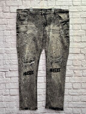 Encrypted NYC Skinny Jeans Size 46 x 34 Hustle Distressed Paint Splatter NWT